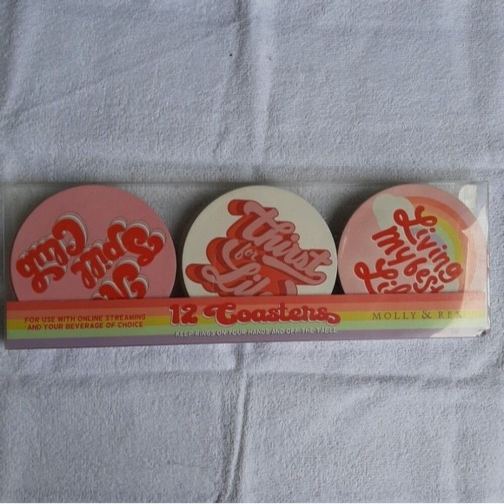 Molly & Rex "Optimistic Messages" Set 12 Coasters Rainbow Retro - Picture 10 of 11